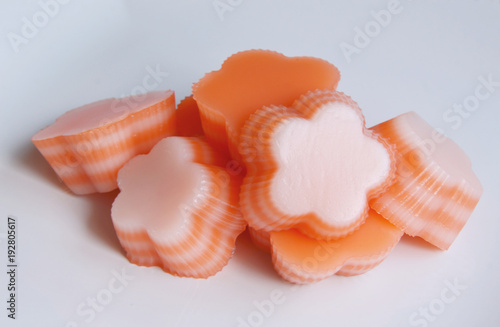 Colorful of Coconut Jelly or Layer Sweet Cake on white dish