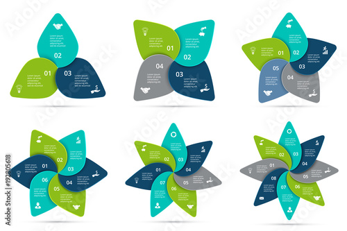 Vector cycle infographics set. Template for diagram, graph, presentation and chart. Business concept with 3, 4, 5, 6, 7 and 8 options, parts, steps or processes. Data visualization.