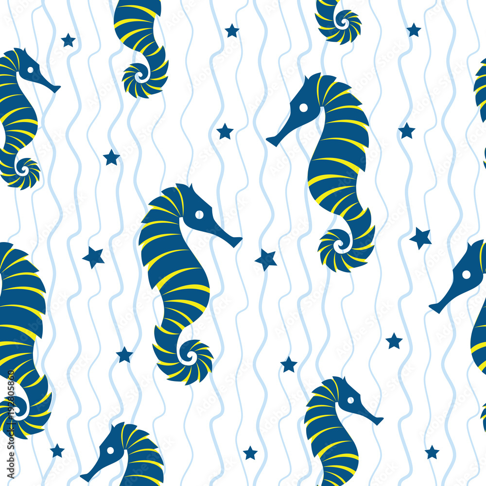 blue marine ocean theme seahorse and wave vector seamless pattern for  background and wallpaper Stock Vector | Adobe Stock
