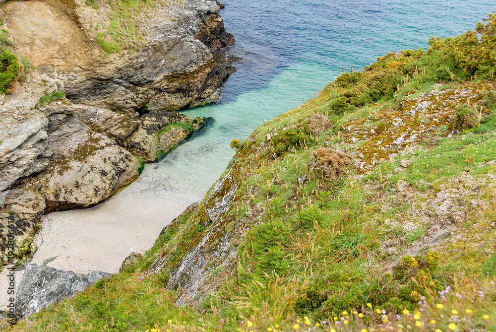 A small piece of white sand beach at the bottom of a small rocky cove on the coast of Belle-Ile
