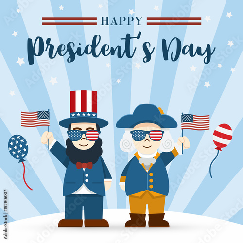 Flat design, Cute Cartoon Abraham Lincoln and George Washington, President's Day