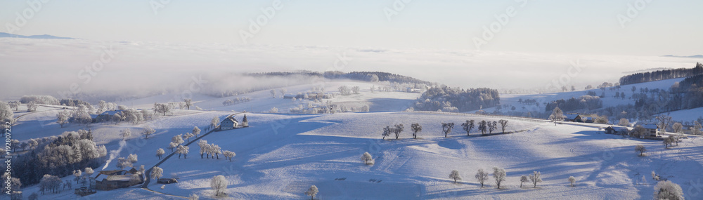 snowy hilly winter landscape with foggy sky