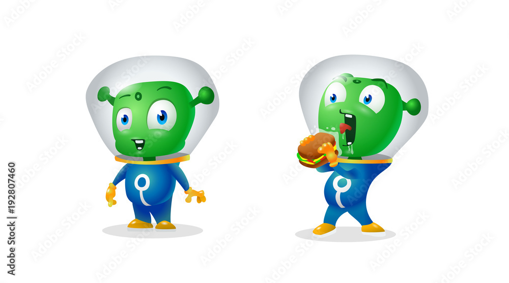 Obraz premium Funny alien and alien trying to eat earthy sandwich, stickers