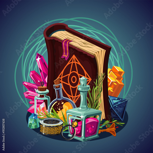 Fantasy game equipment. Magic background. Concept art. Spellbook and laboratory. Vector cartoon.