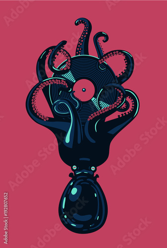 Octopus with vinyl disc in tentacles.. Hip-hop music poster. Night party clipart. Tattoo style.