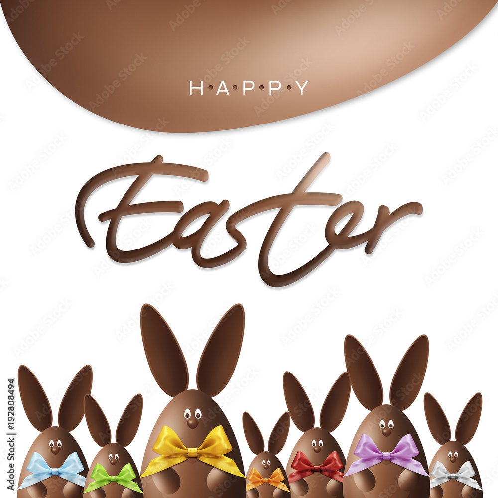 Obraz premium happy easter gift card, chocolate bunnies with ribbons bows in various colors on white background