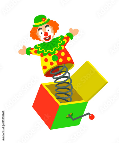 Toy circus clown on a spring pops out of a box. Surprise joke for April Fools day. Jack in a box toy. Vector cartoon illustration