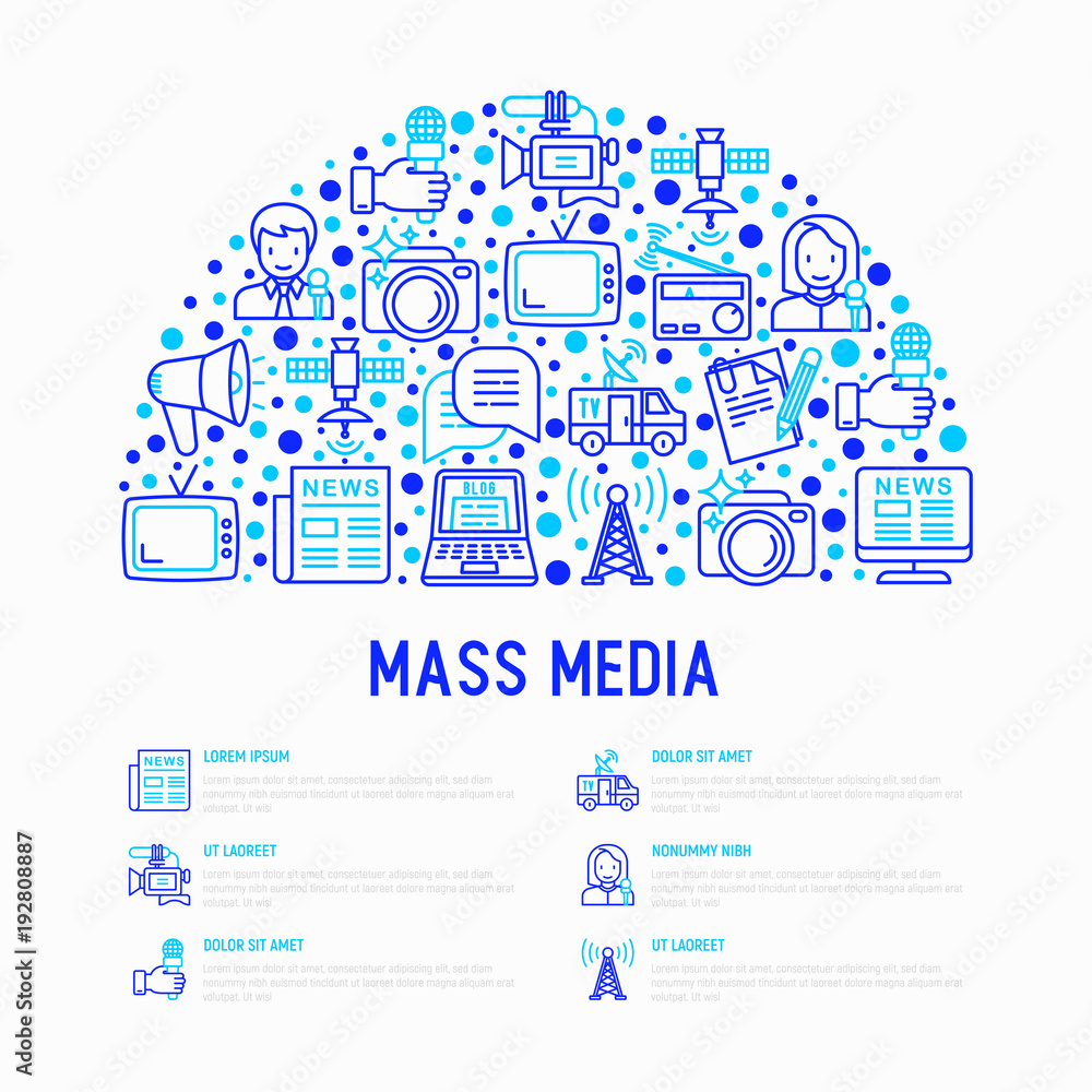 Mass media concept in half circle with thin line icons: journalist, newspaper, article, blog, report, radio, internet, interview, video, photo. Modern vector illustration for print media, web page.