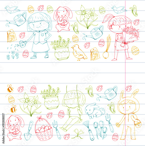 Spring children banners Kids play and grow. Kindergarten, school. Easter celebration with children. Bunny, rabbt, bird, boys and girls