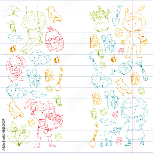 Spring children banners Kids play and grow. Kindergarten, school. Easter celebration with children. Bunny, rabbt, bird, boys and girls