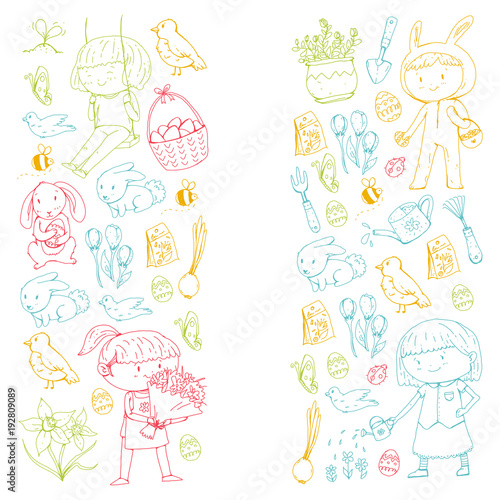 Spring children banners Kids play and grow. Kindergarten, school. Easter celebration with children. Bunny, rabbt, bird, boys and girls