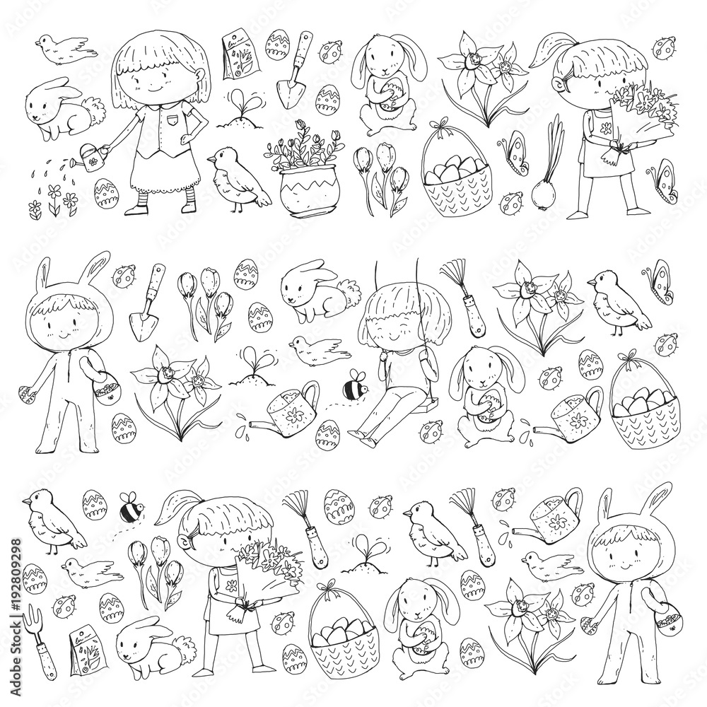 Spring children banners Kids play and grow. Kindergarten, school. Easter celebration with children. Bunny, rabbt, bird, boys and girls Spring children banners Kids play and grow. Kindergarten, school. Easter celebration with children. Bunny, rabbt, bird, boys and girls