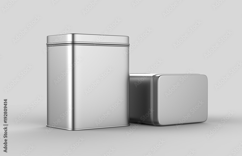 Stainless steel or tin metal shiny silver box container Isolated on white background for mock up and packaging Design. 3d render illustration. Stainless steel or tin metal shiny silver box container Isolated on white background for mock up and packaging Design. 3d render illustration.