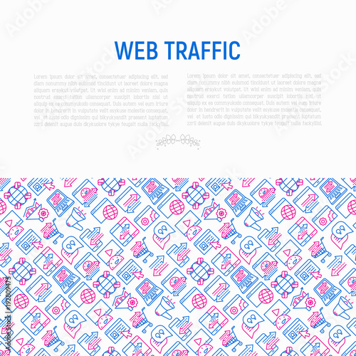 Web traffic concept with thin line icons: SEO technology, data exchange, sync, click, mobile backup, traffic speed, sales growth. Modern vector illustration for banner, print media, web page.