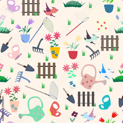 Garden seamless pattern on a light pink background