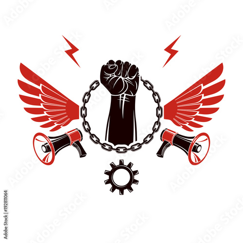 Vector emblem composed with strong raised clenched fist surrounded by iron chain, freedom wings and loudspeakers. Nonconformist conceptual emblem.