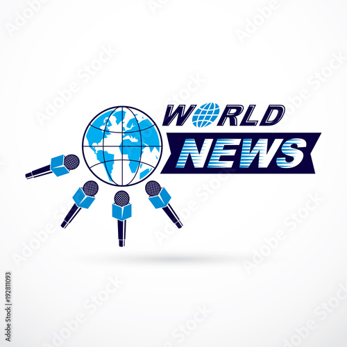 Social telecommunication theme vector logo created with blue Earth planet illustration surrounded with microphones and composed using world news inscription. Press conference concept.