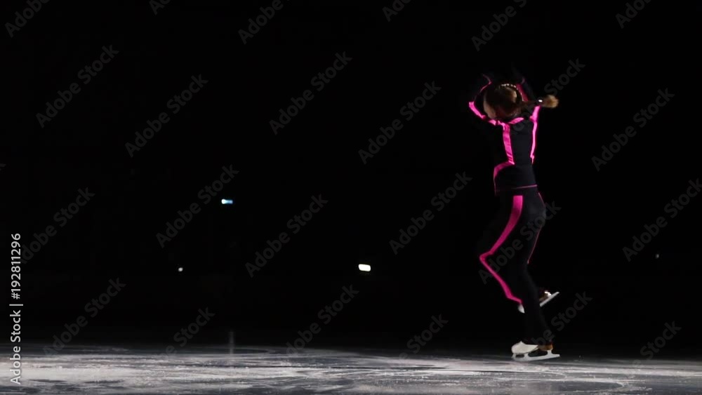 A professional skater performs a skating jump with the rotation in the