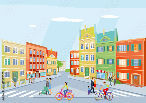 kleine Stadt mit Fußgänger und Radfahren, Illustration