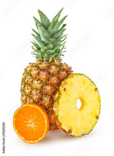 Fresh tropical fruits. Pineapple with round slice and mandarin isolated on white background