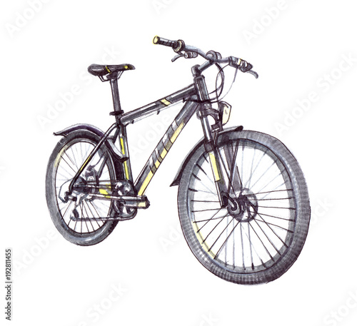 Sport bicycle bike. Watercolor illustration isolated on white background. 