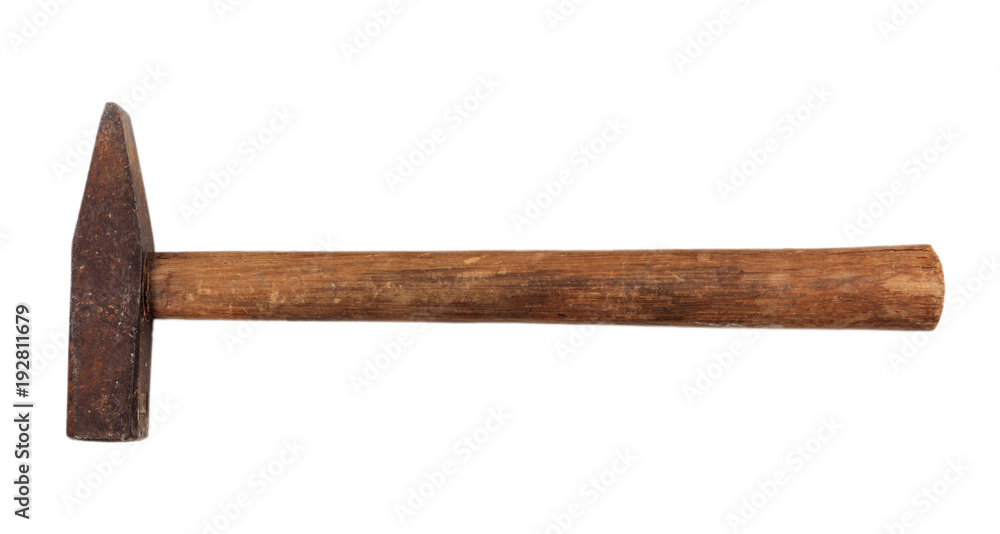 Old hammer hand tool isolated on white background, top view Old hammer hand tool isolated on white background, top view