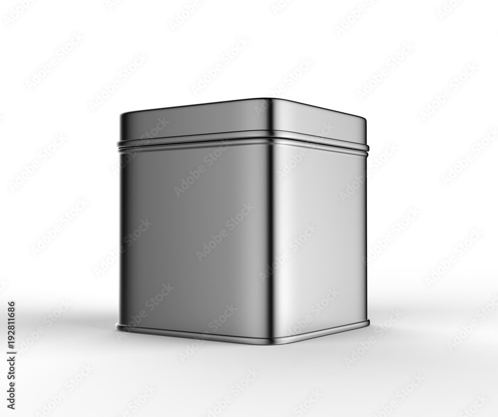 Stainless steel or tin metal shiny silver box container Isolated on white background for mock up and packaging Design. 3d render illustration. Stainless steel or tin metal shiny silver box container Isolated on white background for mock up and packaging Design. 3d render illustration.