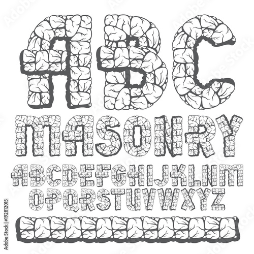 Set of trendy old vector capital English alphabet letters, abc isolated. Bold type font, script from a to z can be used for logo creation. Made with stones design.