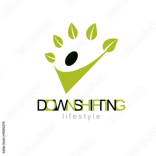 Vector illustration of happy abstract human with reaching up. Downshifting concept logo. Vegetarian theme icon. Green tourism symbol.