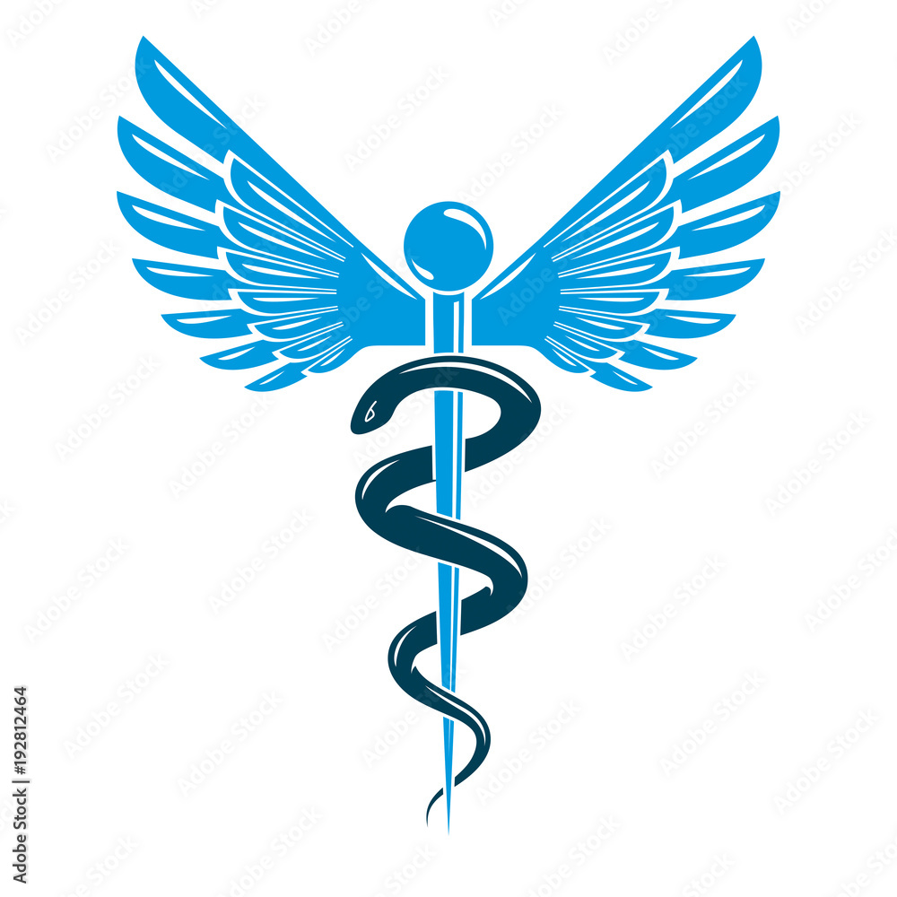 Aesculapius vector abstract emblem composed using wings and snakes best for used in pharmacy advertisement. Aesculapius vector abstract emblem composed using wings and snakes best for used in pharmacy advertisement.