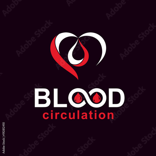 Vector red heart with blood circulation inscription. Blood transfusion metaphor, medical care emblem for use in pharmacy.