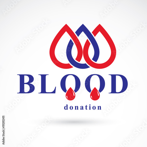 Blood donation inscription isolated on white. Vector red blood drops. The 14 June, world blood donor day. Medical theme graphic symbol.