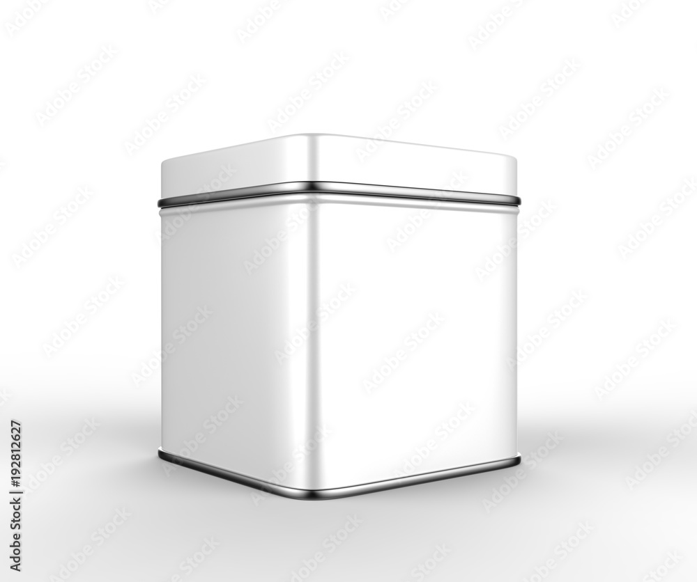 Stainless steel or tin metal shiny silver box container Isolated on white background for mock up and packaging Design. 3d render illustration. Stainless steel or tin metal shiny silver box container Isolated on white background for mock up and packaging Design. 3d render illustration.