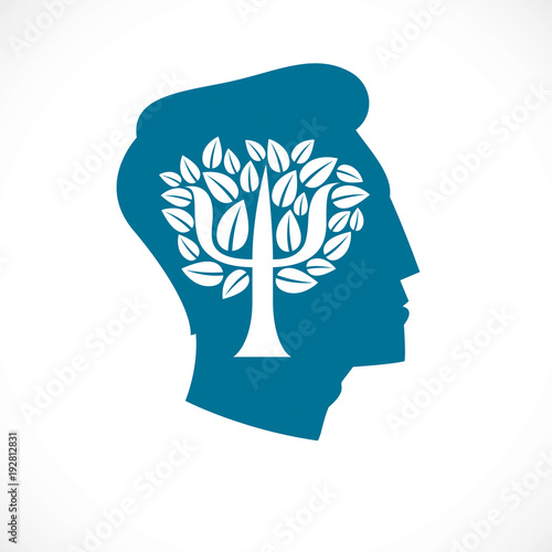 Psychology concept vector logo or icon created with Greek Psi symbol as a tree with leaves inside of man face profile, mental health concept, psychoanalysis analysis and psychotherapy.