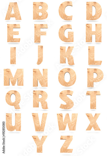 Set of 3D wooden English alphabet letters isolated on white background