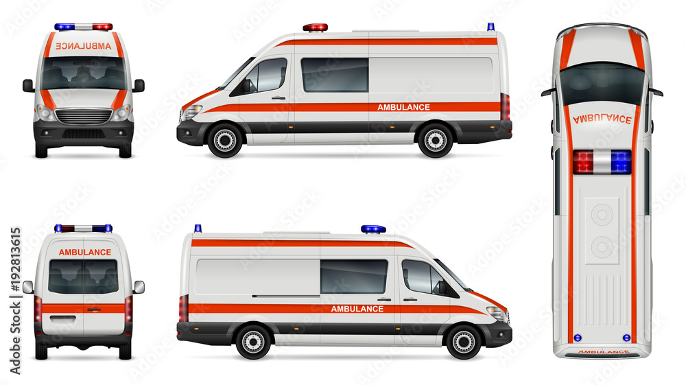 Ambulance car vector mock-up. Isolated template of medical van on white. Vehicle branding mockup. Side, front, back, top view. All elements in the groups on separate layers. Easy to edit and recolor.