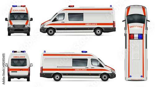 Ambulance car vector mock-up. Isolated template of medical van on white. Vehicle branding mockup. Side, front, back, top view. All elements in the groups on separate layers. Easy to edit and recolor. photo