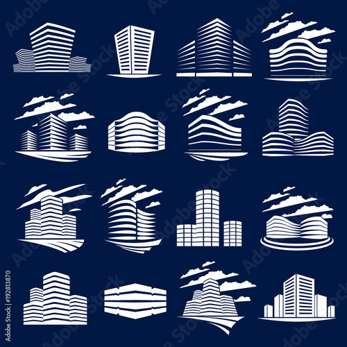 Futuristic buildings set, modern vector architecture illustrations. Real estate realty business center designs. 3D business office facades in big city. Can be used as a logos or icons over black.