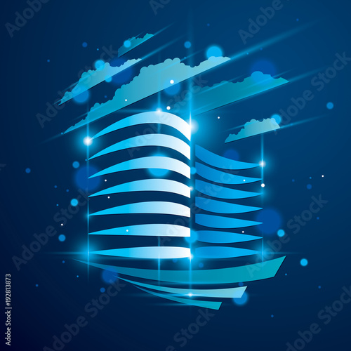 Office building, modern architecture vector illustration with blurred lights and glares effect. Real estate realty business center blue design. 3D futuristic facade in big city.