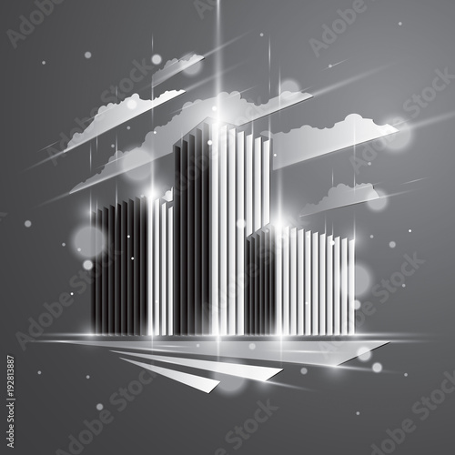 Futuristic building, modern style vector architecture illustration with blurred lights and glares effect. Real estate realty business center grey monochrome design. 3D business office facade in city.