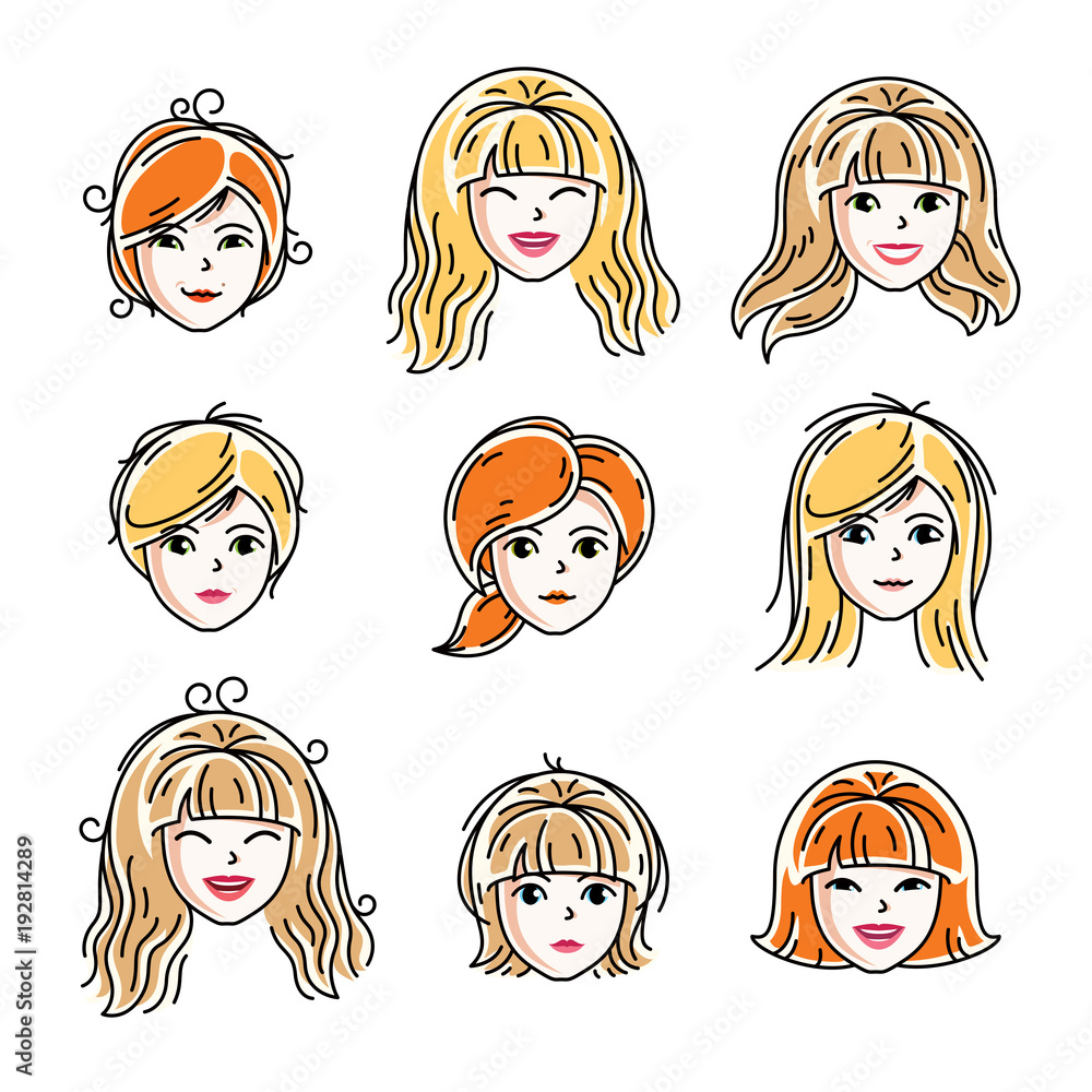 Set of women faces, human heads. Different vector characters like redhead and blonde females, attractive ladies face features collection. Set of women faces, human heads. Different vector characters like redhead and blonde females, attractive ladies face features collection.