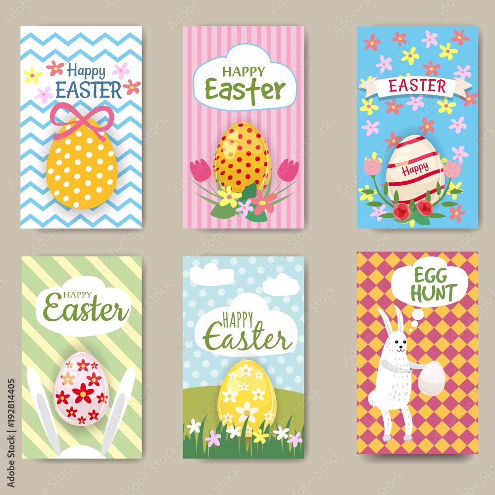 Happy Easter Cards Set with Rabbit. Mini Posters Collection. Vector Illustration