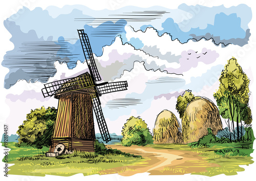 Colorful landscape with a windmill. Vector illustration