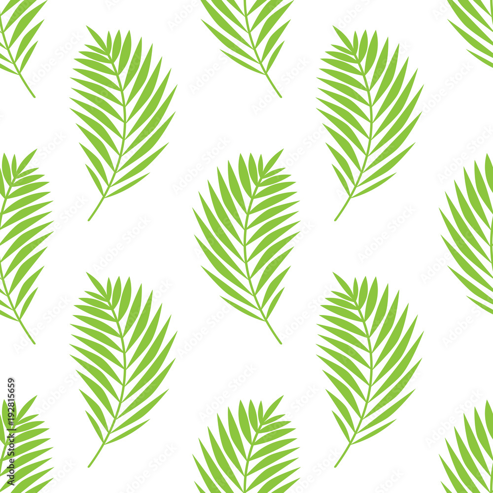Simple elegant pattern with palm leaves. Green tropical brunches on white background. Seamless vector pattern.