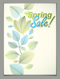 Spring leaves vertical background, nature seasonal template for design banner, ticket, leaflet, card, poster with green and fresh floral elements. Sale, advertising poster, brochure or flyer design.