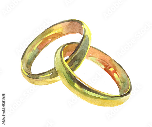 Golden wedding rings. Watercolor illustration isolated on white background.
