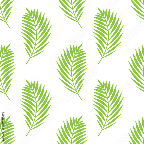 Simple elegant pattern with palm leaves. Green tropical brunches on white background. Seamless vector pattern.