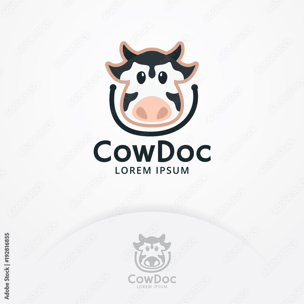 Cow head logo. Cartoon character cow with stethoscope for mascot or child logo, kindergarten. mobile app and more. Vector logo template