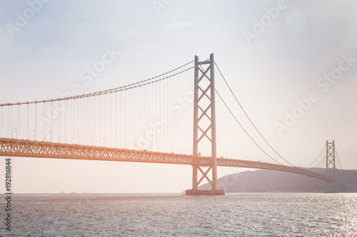 Akashi suspension bridge crossing sea coast  Japan longest bridge Kobe