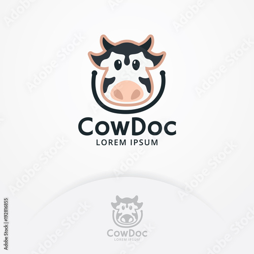 Cow head logo. Cartoon character cow with stethoscope for mascot or child logo, kindergarten. mobile app and more. Vector logo template